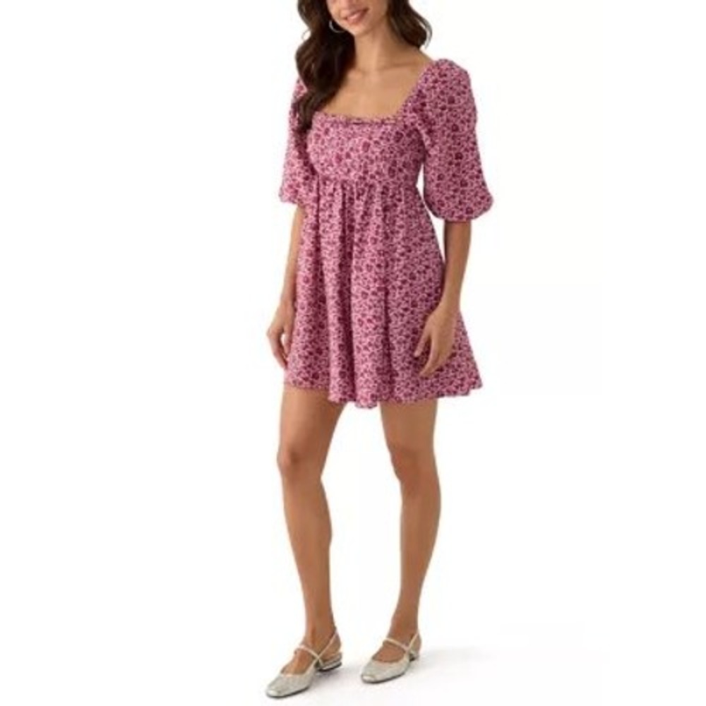 As U Wish Mauve Floral Puff Sleeve‎ Babydoll Mini Dress Large NWT